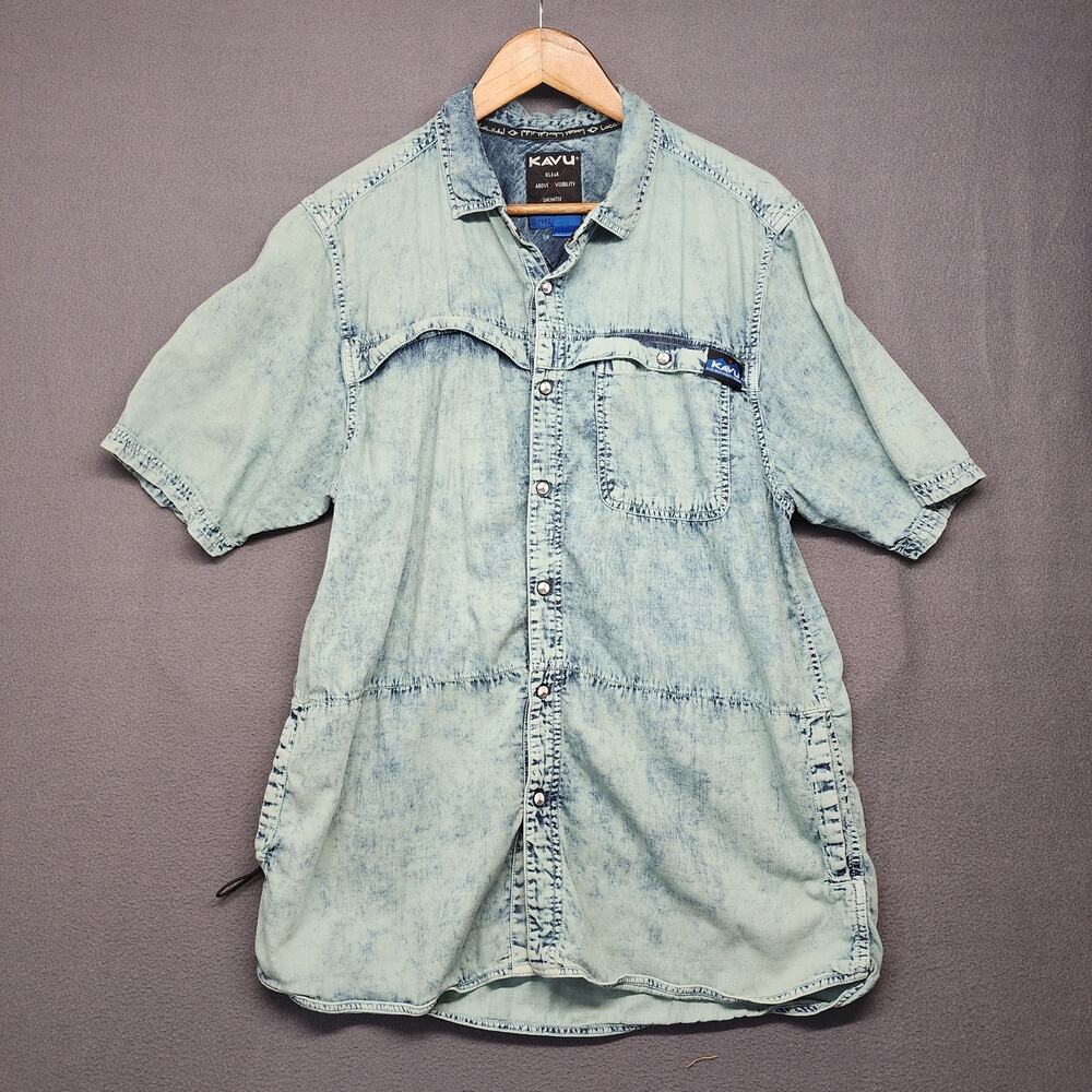 KAVU Shirt Mens Medium Blue Acid Wash Denim Snap Button Short Sleeve Western